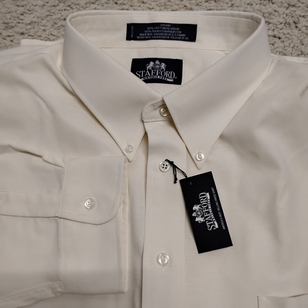 Stafford 20 37 Dress Shirt Cream Oxford Vintage Polyester Cotton Blend Preppy